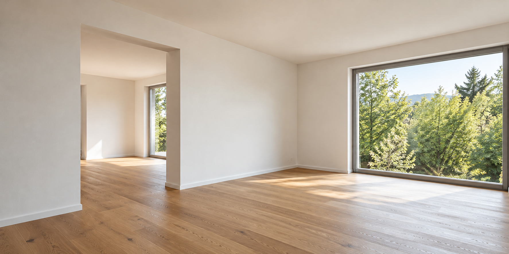 Illustration eines hellen Innenraums mit glatten Wänden und einer abgehängten Decke
